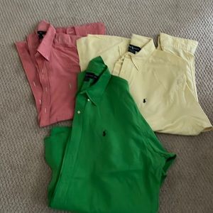3 men’s long sleeve Ralph Lauren shirts button down collars yellow, green & pink